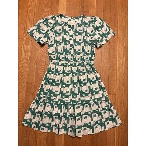Anthropologie The Somerset Green White Geometric Mini Dress Tiered Size XS
